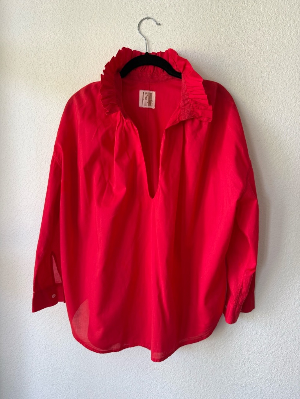 A SHIRT THING Red Ruffle Neck Long Sleeve Top Size P/S Made in Italy